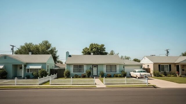 Retro suburban neighborhood street with mid-century style houses and a classic vintage car parked in the driveway on a sunny day.