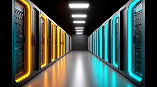 Dark database center room with neon blue and green lights highlighting the sleek server racks in a fully operational system.