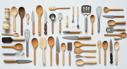 Elevated Flat Lay of Assorted Utensils on White Backdrop