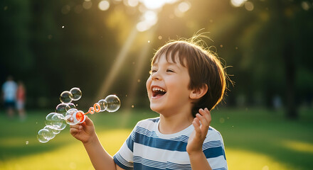 A joyful young boy laughs while playing with a bubble wand in a sunlit park.