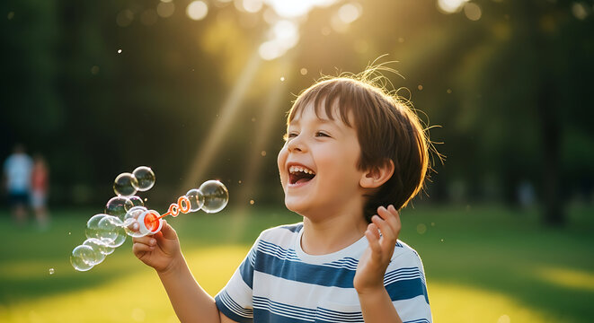 A joyful young boy laughs while playing with a bubble wand in a sunlit park.