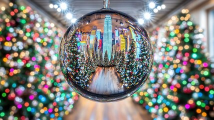 Reflecting Holiday Cheer: A Cityscape Encapsulated in a Christmas Ornament's Gaze