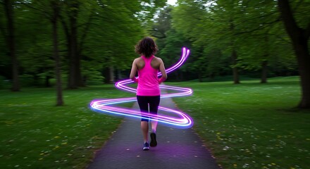 Young Woman Running with Light Trails in Green Park During Evening