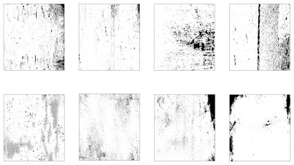 Grunge overlay textures with dust grain isolated on white background. Distressed paper with old, worn overlay effect. 