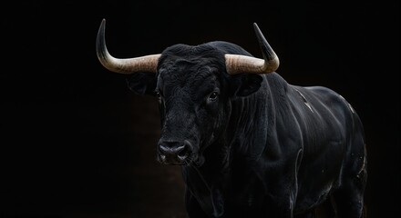 Majestic Black Bull Portrait: A formidable black bull stands proudly against a dark backdrop, its imposing presence accentuated by its powerful horns and muscular physique.