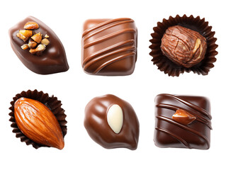 Obraz premium Overhead View of Six Assorted Gourmet Chocolates With Nuts on Transparent Background, PNG
