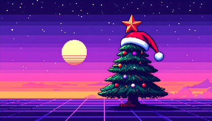 Pixelated Christmas Tree with Star Ornament Against Sunset Sky with Grid Foreground in Retro Style