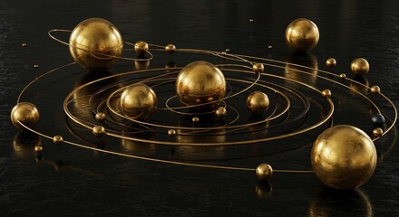 Celestial Spheres: Glistening golden spheres orbit a central point, meticulously arranged along curved paths. A visually stunning display evokes the allure of cosmos in this artistic rendition.