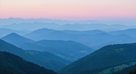 Fototapeta premium Mountain Silhouette at Dusk: A breathtaking landscape unfolds as layers of majestic mountains fade into the horizon under a captivating pastel sky, evoking serenity.