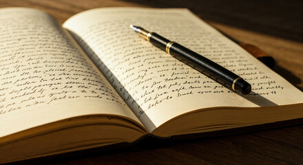 Pen and Pages: A pen rests elegantly atop the open pages of a well-worn book, inviting one to explore its stories within, whispering of inspiration, creativity, and personal reflection.