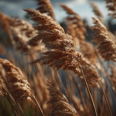 Warm sunlight bathes golden reeds, creating a serene, natural scene under a blue sky.