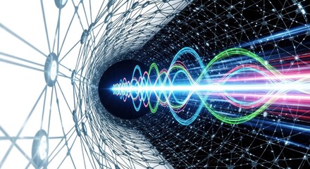 Abstract network tunnel with vibrant light streams symbolizing connectivity and innovation