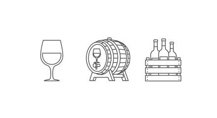 Vector illustration of wine icons including glass, barrel, and bottles in a crate isolated on white background