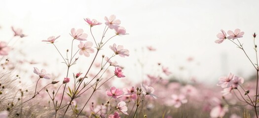 Soft focus pink wildflowers blooming in a gentle field