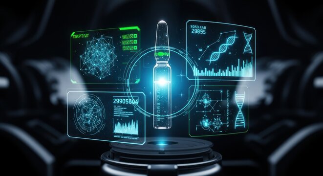 Futuristic Medicine: An Ampoule Under Advanced Technological Analysis Display Interface