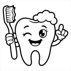 Cute Cartoon Tooth with Toothbrush Vector Illustration