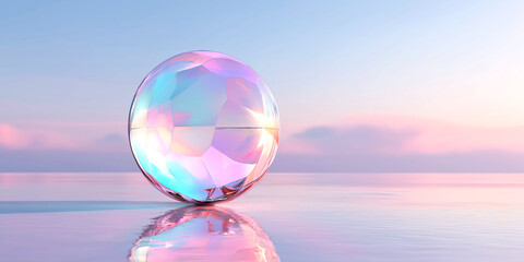 iridescent crystal sphere on reflective water surface
