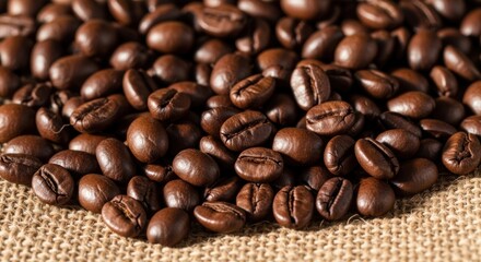 Obraz premium Roasted coffee beans piled on burlap sacking creating a rich texture and warm brown hues perfect
