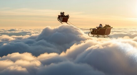 Santa's majestic journey over fluffy clouds into a bright sky, filled with the glow of christmas