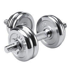 Naklejka premium Polished Weights Isolated On White Background: A close-up shot of sleek chrome dumbbells, signifying strength, dedication, and the pursuit of physical well-being.