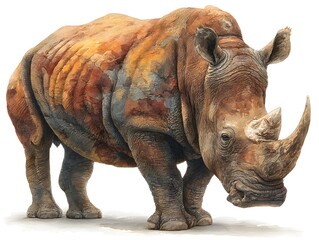 Fototapeta premium An artistic watercolor illustration depicts a strong rhinoceros standing majestically on a white background plain.