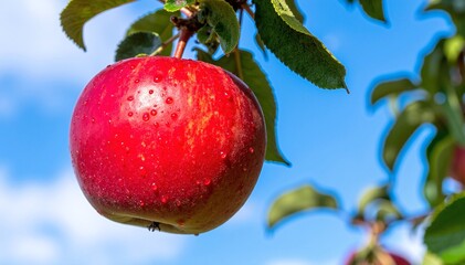 A vibrant red apple dangles from a lush green tree branch, sunlight filtering through the leaves, highlighting its glossy skin and inviting shape.