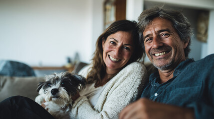 elder couple holding a dog together
