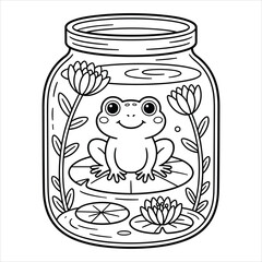 Cute Frog in Jar Coloring Page Vector. Cartoon Animal Line Art Illustration for Kids.