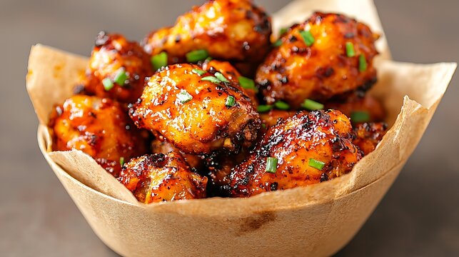 Spicy glazed cauliflower bites in a paper liner