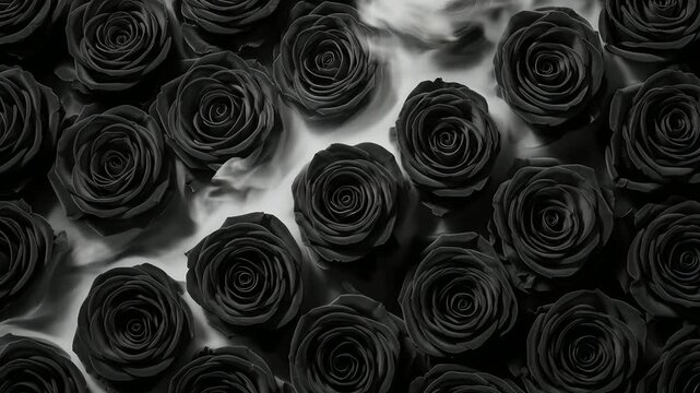 Black roses bloom with smoke, symbolizing mourning or dark romance. Ideal for gothic themes, Valentine's, funeral services, emotional content, and mystery projects.