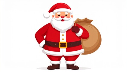 Fototapeta premium Cheerful cartoon Santa Claus character standing and holding a large brown gift bag, isolated on a clean white background.