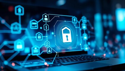 Secure online banking interface with network security icons, network, financial