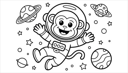 Cute Monkey Astronaut Coloring Page Vector Illustration