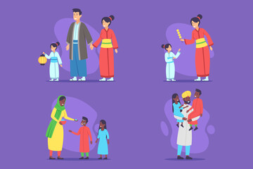 Fototapeta premium Groups of families wearing colorful traditional attire, engaging in various joyful activities. Children playing, while adults sharing smiles and laughter. Cultural heritage and connection concept