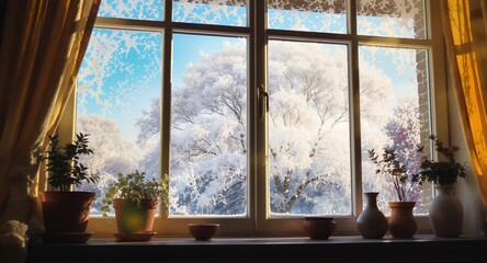 Naklejka premium Winter Wonderland View from Cozy Window with Frost and Plants
