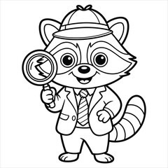 Cute Raccoon Coloring Page. Cartoon Detective Animal with Magnifying Glass Vector.