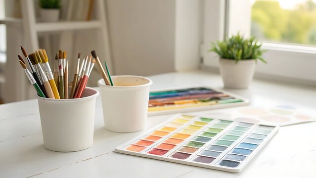 Artist s workspace with paintbrushes and color palette by the window
