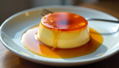 Delicious caramel custard dessert sits on a white plate with a glistening, golden syrup and a fork nearby.