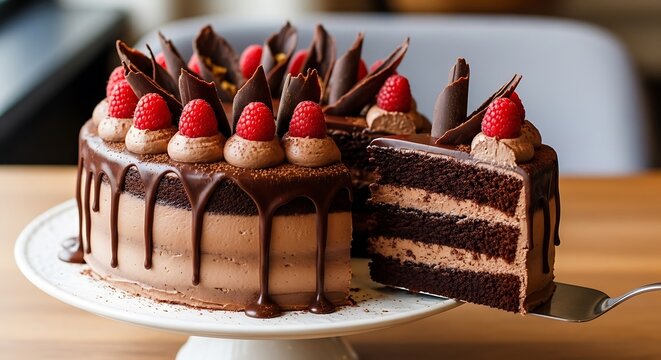 Decadent chocolate layer cake with raspberry garnish on a stand for a celebration