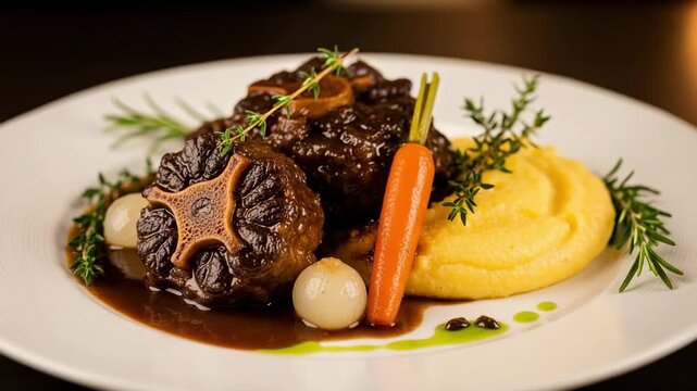 Gourmet Plated Braised Oxtail Stew with Polenta, Carrots, and Pearl Onions