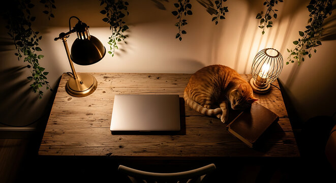 Cozy workspace scene features a sleeping ginger cat on a book next to a laptop and lamps on a rustic wooden desk.