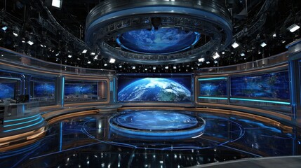 A low-angle shot of a digital news set
