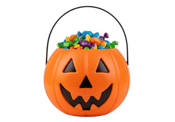 Orange Halloween Pumpkin Bucket Filled with Colorful Candy trick or treat isolated on a transparent background