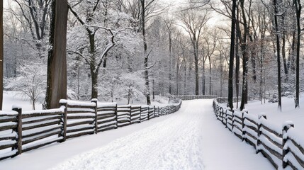 Winter Wonderland: Snow-Covered Path Through a Forest with Wooden Fence Bordering the Road