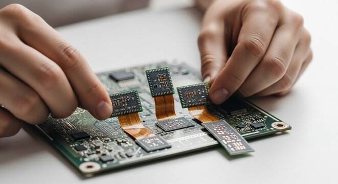 Hands assembling electronic components on a circuit board with flexible cables