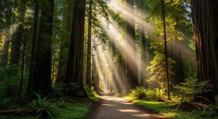 Naklejka premium Sunbeams Filtering Through Redwood Forest Trees along a Hiking Trail