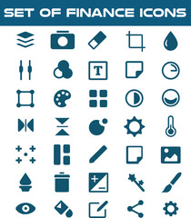 Set of design and editing icons, including camera, eraser, crop, drop, adjustment, cloud, text, square, timer isolated on white background