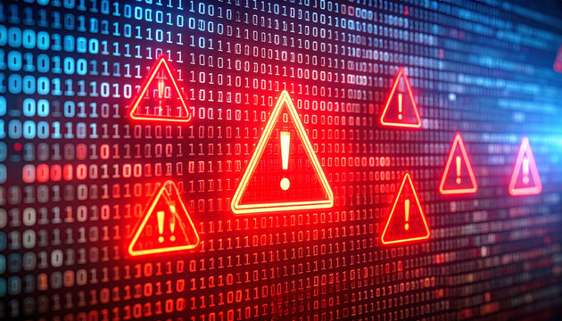 Digital warning signs: A digital landscape, with warning signs on the screen, which depicts an alert or error.