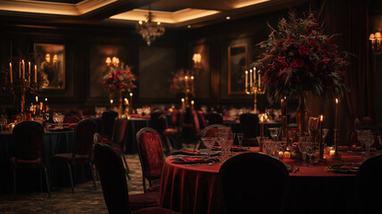 Vampire gala ballroom, moody rich velvet textures with subtle golden highlights in dark room