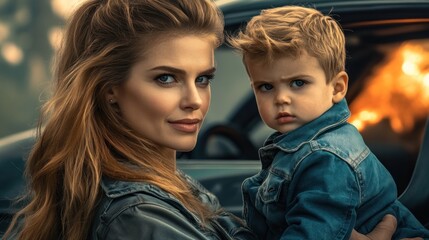 Portrait of a loving mother holding her adorable son near a classic car